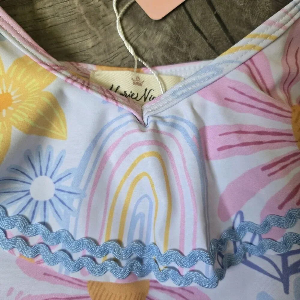 Marie Nicole Clothing Floral One Piece Swimsuit M NWT Pink Yellow Blue Ric Rac